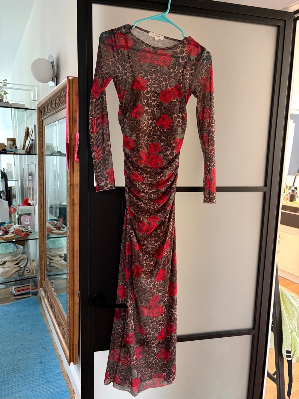 Red Floral Mesh Long Sleeve Maxi Dress
